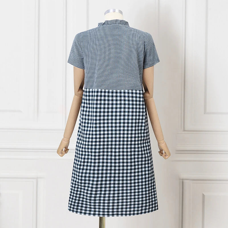 ZANZEA Women Loose Patchwork Check Floral Dress Stylish Short Sleeve Pleated Crew Neck Shirt Dress for Women Plus Size