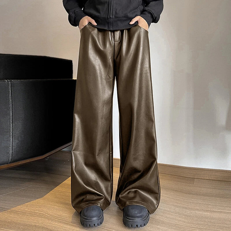 INCERUN Mens Solid Color Leather Wide-Leg Pant Casual Elastic Waist Straight Legged Pants