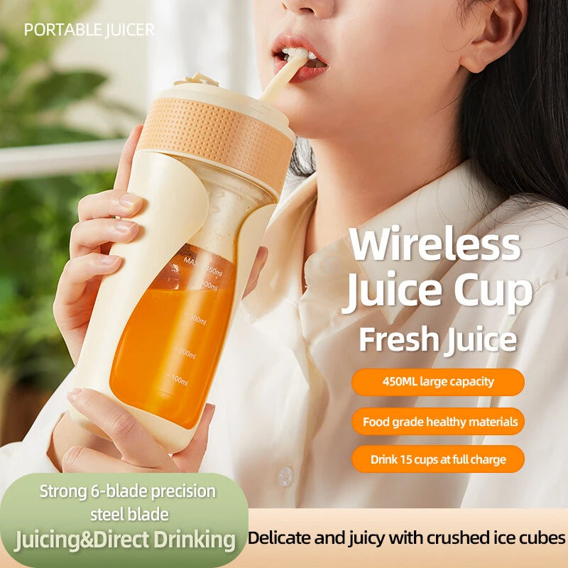 450ML Small Portable Multi-function Juicer Cordless Electric Juicing Cup with Removable Straw Strong 6-Blade Precision Steel Blade