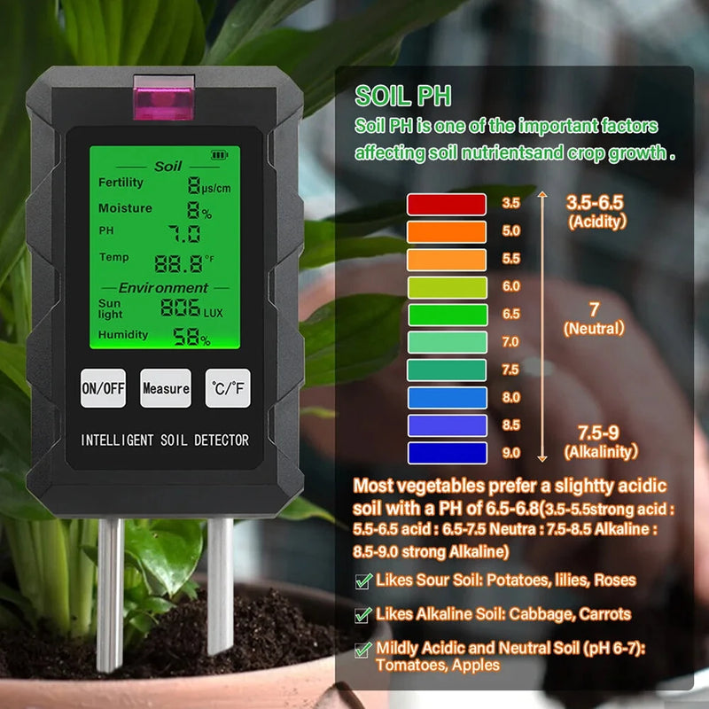 6 in 1 Digital Soil Tester PH Meter Fertility Soil Moisture Sunlight Ambient Humidity Temperature Monitor Detector Garden Soil Analyzer