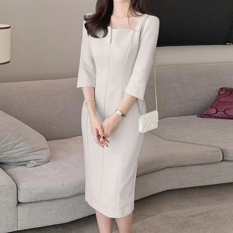 ZANZEA Womens Party Daily 7/8 Sleeve Small V-neck Design Slim Segmented Dress Solid Color Elegant Midi Dress