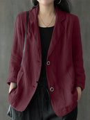 Women 100% Cotton Solid Color Button Front Business Thin All-Match Blazer With Pocket