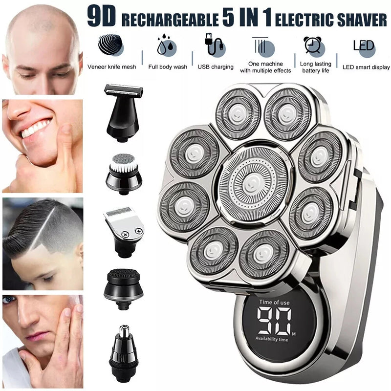 5 in 1 Electric Shaver Men's Grooming Kit Cordless Bald Shaver Wet and Dry Smart Multifunctional Electric Bald Head Shaver Washable Shaver