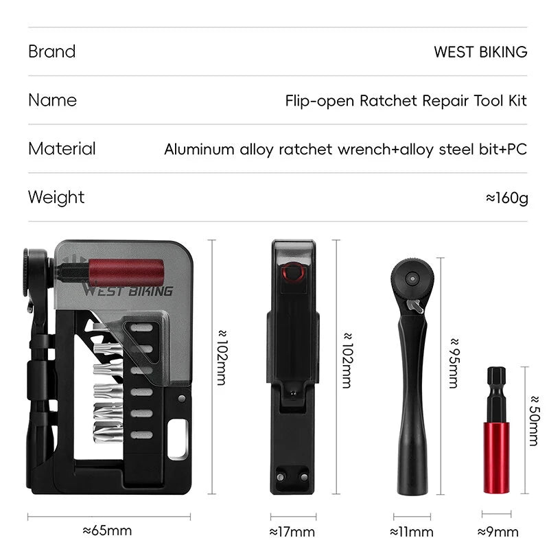 WEST BIKING 12-In-1 Bicycle Repair Tools Kit Portable Multitool Bike Two-Way Ratchet Wrench Magnetic Allen Key Quick Release Set