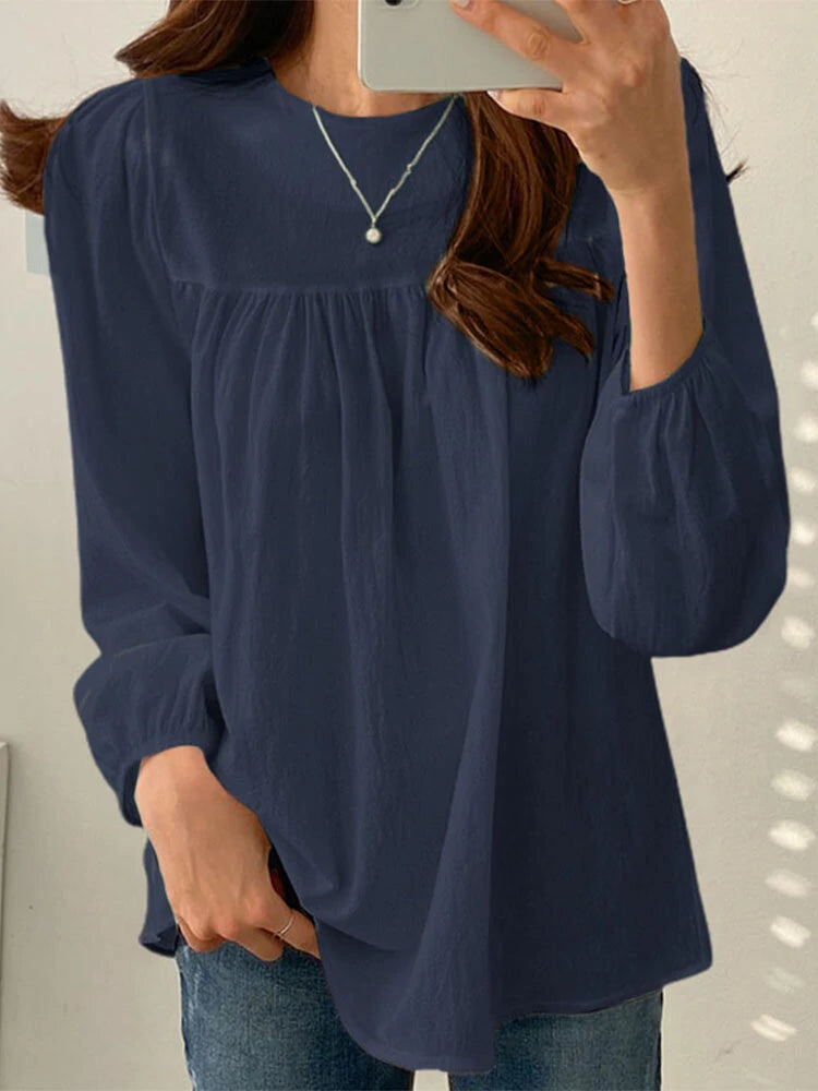 Solid Casual Keyhole Back Long Sleeve Crew Neck Blouse