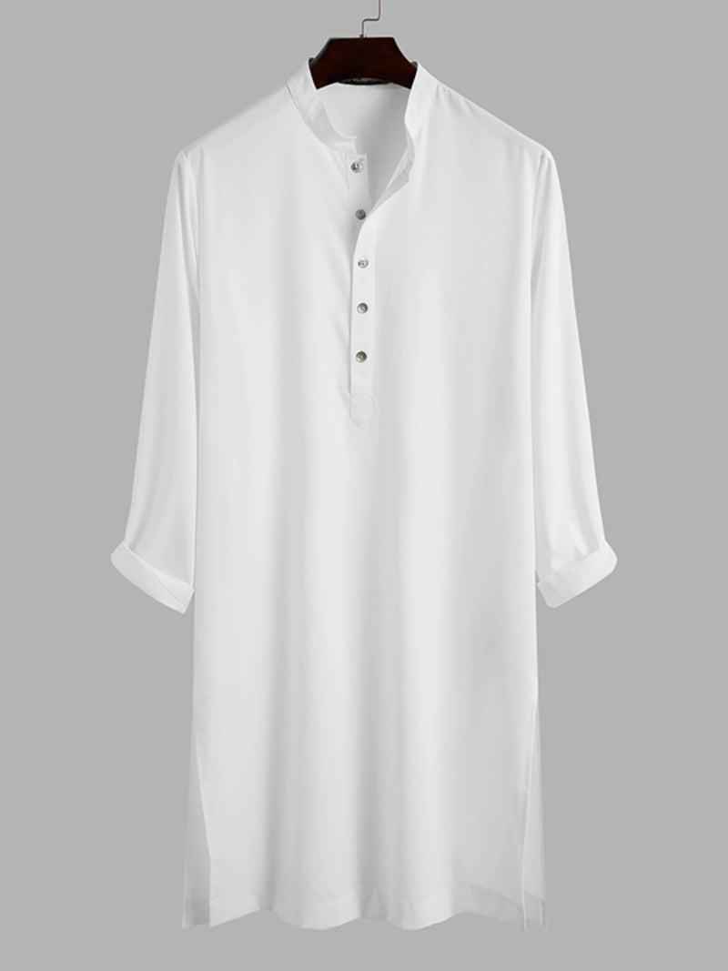 INCERUN Men Robes Long Sleeve Solid Color Long Tops Stand Collar Button Long Shirt with Side Pocket Casual Daily Male Robes