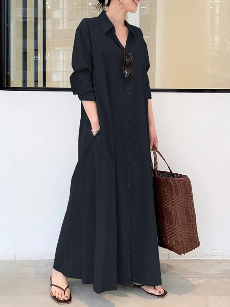 Women Retro Solid Color Turn-Down Collar Loose Casual Shirt Dress With Pocket