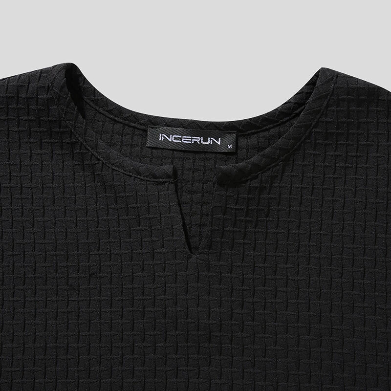 INCERUN Mens T-Shirt Basic Solid Color Short Sleeve T Shirt Casual V-neck Half Long Sleeve Tops Summer Loose Fit Men Clothing