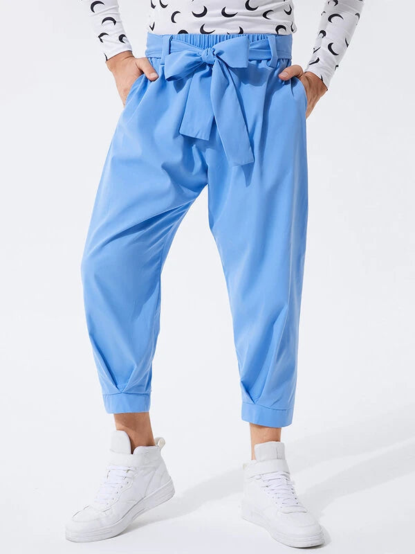 INCERUN Men Pants Fashion Solid Color Bow Knot Trousers Men Streetwear Elastic Waist Harem Pants