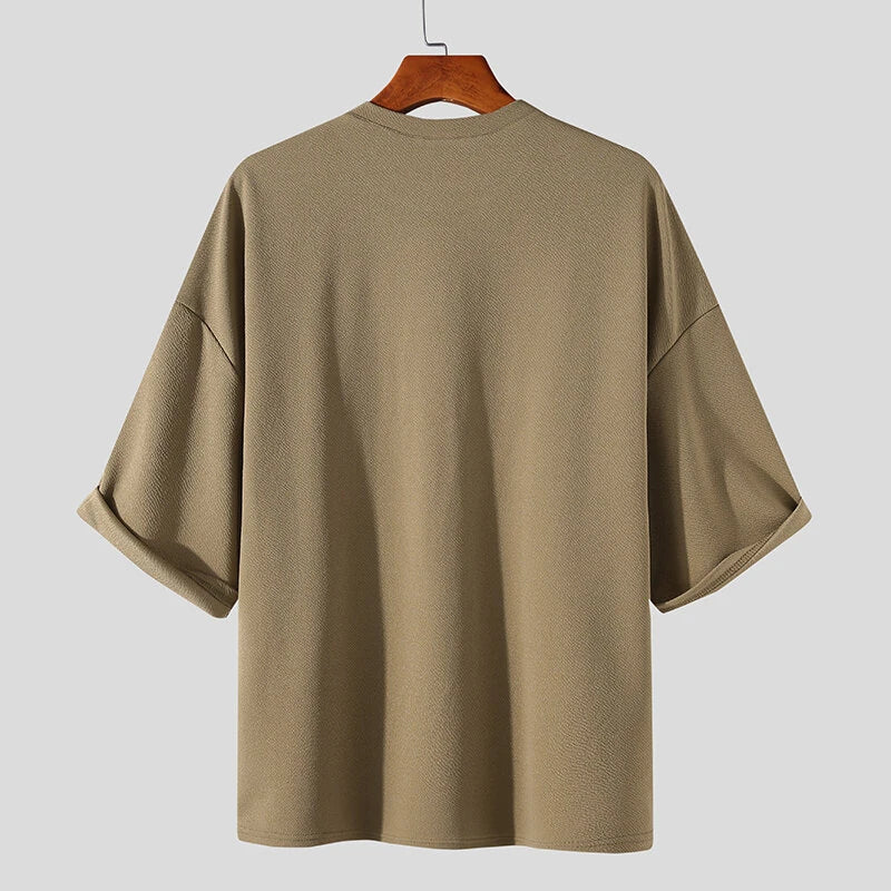 INCERUN Men Tshirts Male Loose Comfy Blouse Streetwear Casual Solid Color T-Shirts Leisure Half Sleeve Round Neck Tee Tops Summer S-3XL