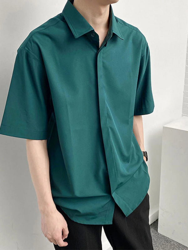 INCERUN Mens Shirt Solid Color Short Sleeve Shirts Summer Daily Lapel Casual Men's Top Shirts