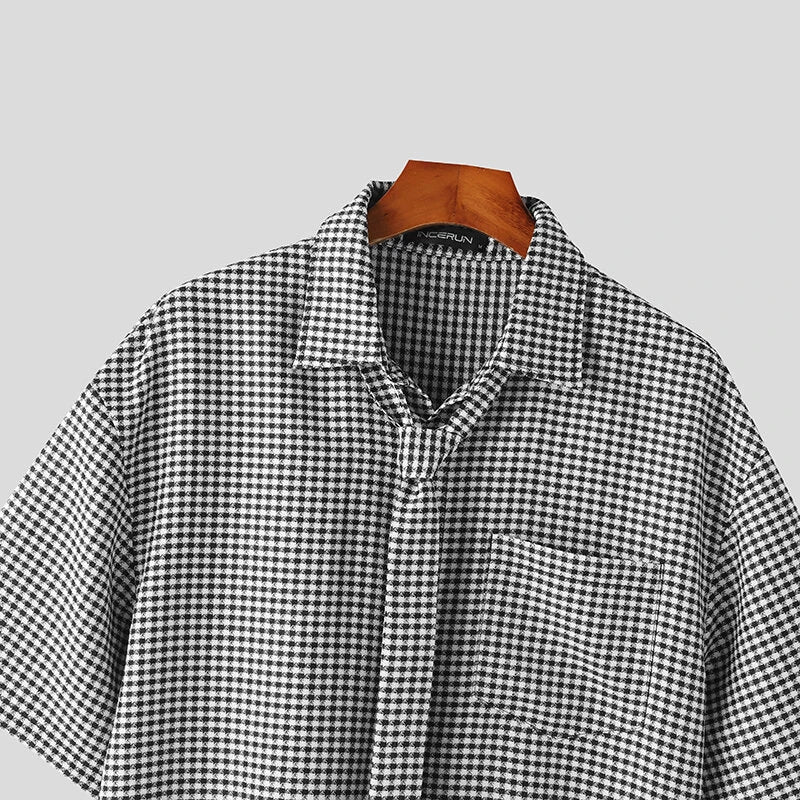 INCERUN Men Shirts Fashion Check Print Lace Up Lapel Shirt with Side Pocket Top Casual Daily Men Clothing