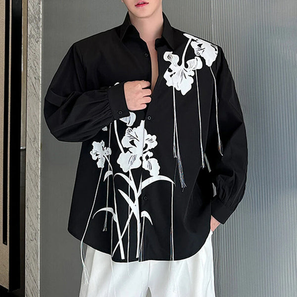 INCERUN Mens Floral Print Fringe Long-Sleeve Shirt Fashion Button Lapel Top for Male Loose Fit S-5XL