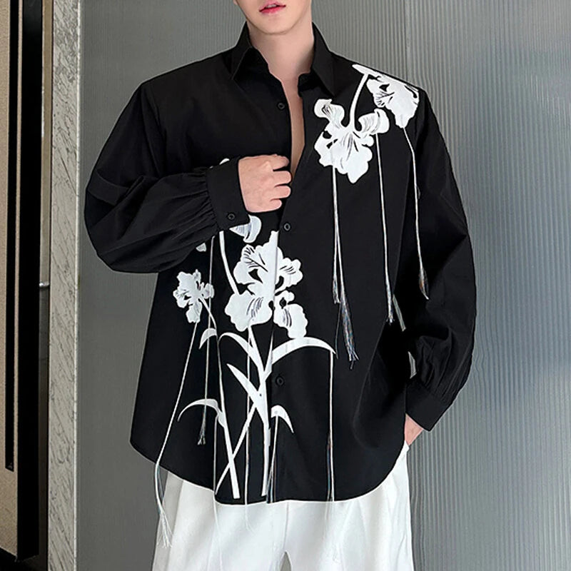 INCERUN Mens Floral Print Fringe Long-Sleeve Shirt Fashion Button Lapel Top for Male Loose Fit S-5XL