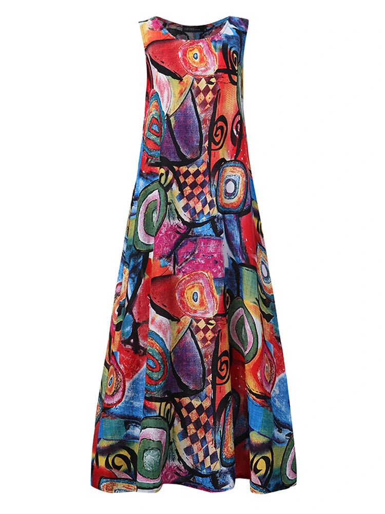 ZANZEA Plus Size Women Long Dress Retro O-neck Abstracted Print Sleeveless Beach Maxi Dress with Pockets