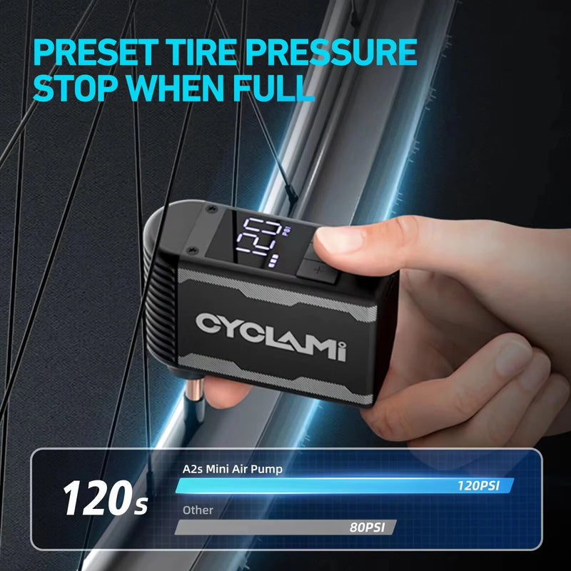 CYCLAMI A2S Mini Smart Electric Bike Pump 120 PSI Digital Display Auto-Stop 500mAh Battery Type-C Fast Charging Lightweight Portable for Presta Schrader Valves MTB Road Cycling