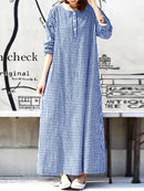 Women Casual Plaid Half Button Front Long Sleeve Maxi Dresses