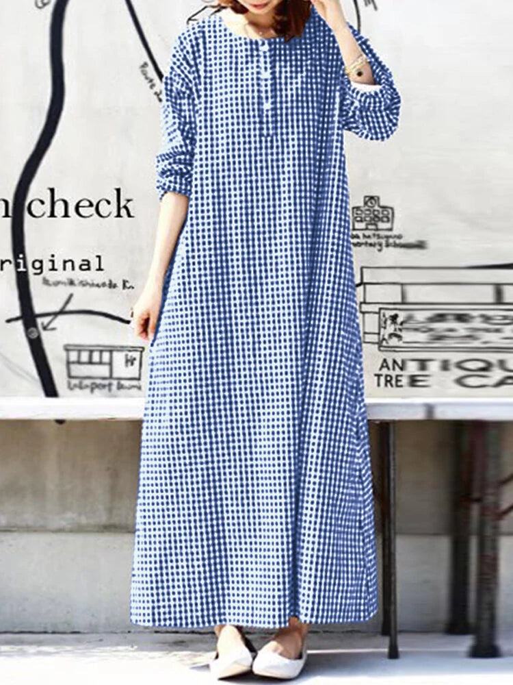 Women Casual Plaid Half Button Front Long Sleeve Maxi Dresses