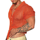 INCERUN Mens Shirts Solid Color Hollow Out Lapel Top Shirts Summer Cool Party Top Fashion Male Clothing