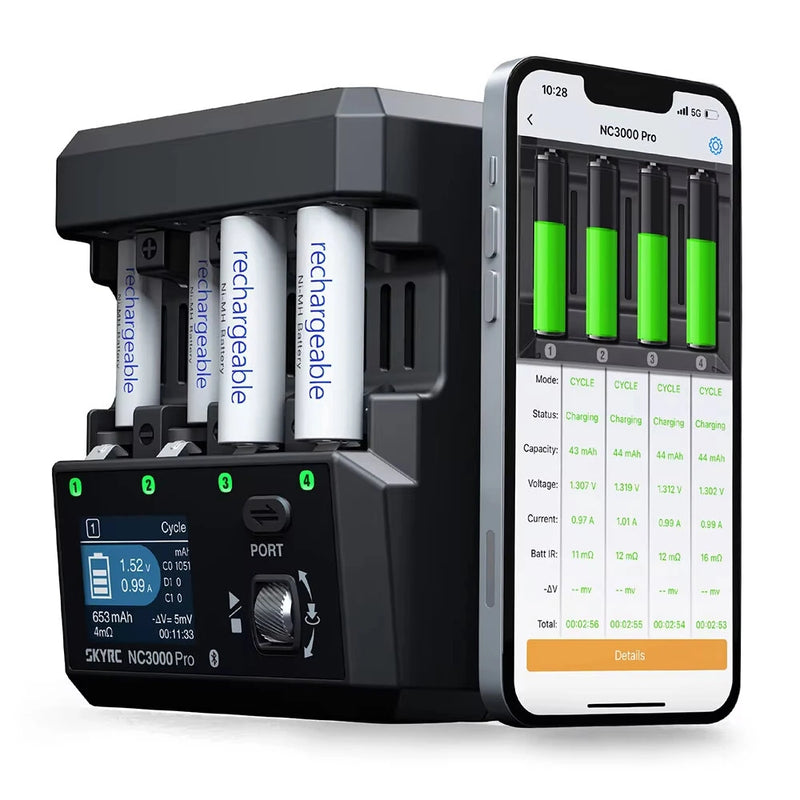 SKYRC NC3000 Pro NiMH NiCd PD/QC AA/AAA Smart Battery Charger 4-slot 1.77 inch LED Screen APP Control Charger Discharge