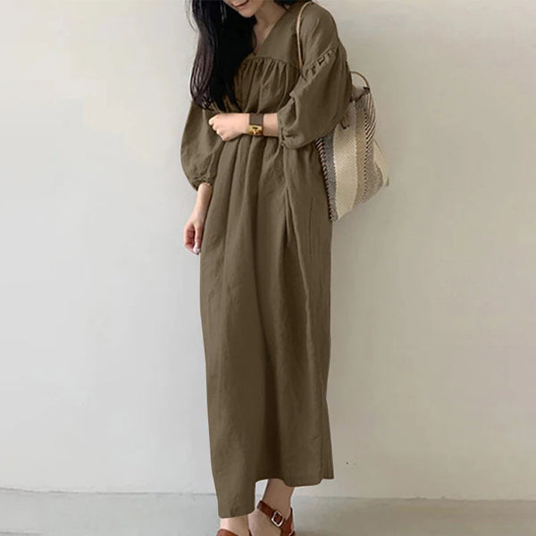 ZANZEA Women Maxi Dresses Solid Color Seven-quarter Length Lantern Sleeves Long Dresses Plus Size Women Dresses