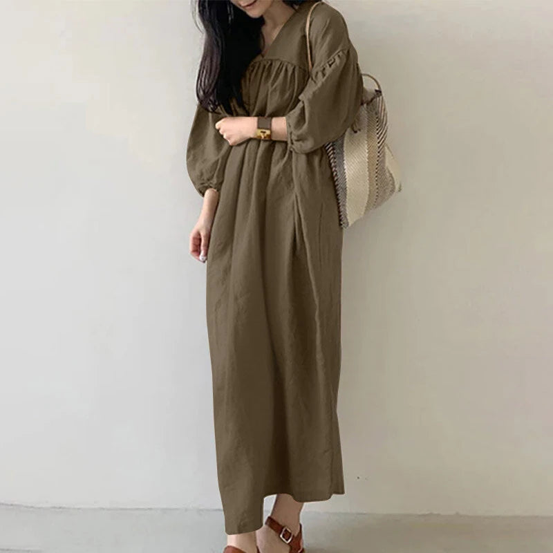 ZANZEA Women Maxi Dresses Solid Color Seven-quarter Length Lantern Sleeves Long Dresses Plus Size Women Dresses