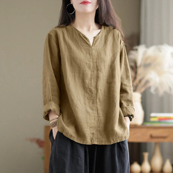 ZANZEA Vintage Women Cotton Blouse V Neck Long Sleeve Tops Retro Solid Loose Shirt Female Work Tunic Blusas Mujer