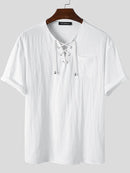 Mens Solid Drawstring V-Neck Cotton Short Sleeve T-Shirt