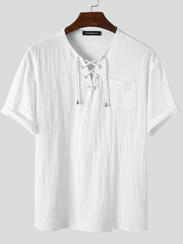 Mens Solid Drawstring V-Neck Cotton Short Sleeve T-Shirt
