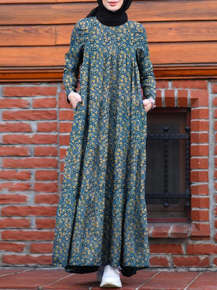 ZANZEA Plus Size Women Long Dress Floral Print Tiered Dress O-Neck Casual Maxi Dress With Side Pocket