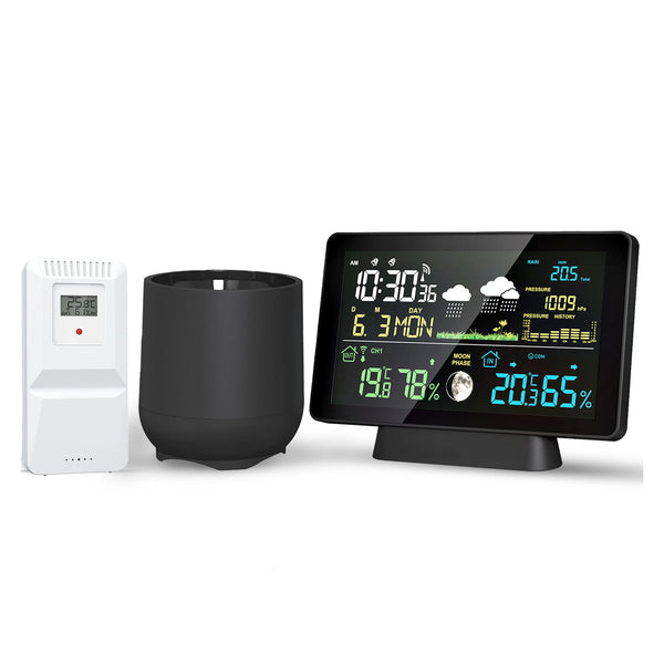 Multi-function Professional Weather Station Alarm Clock Wireless Indoor Outdoor Thermometer With Rain Gauge/ Temperature/  Humidity/ Rainfall Monitoring/ Atmospheric Pressure Intelligent Color Screen Clock