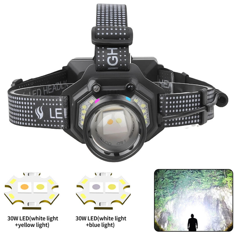 IPRee Dual Light Source Zoomable LED Headlamp with Sensing Switch Long-Range Strong Light LED Outdoor Long Endurance Head Light Searchlight