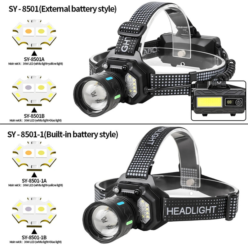 IPRee Dual Light Source Zoomable LED Headlamp with Sensing Switch Long-Range Strong Light LED Outdoor Long Endurance Head Light Searchlight