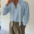 INCERUN Mens Deconstructed Tie-Detail Long Sleeve Shirt Fashion Solid Color Button Lapel Top Shirts for Male