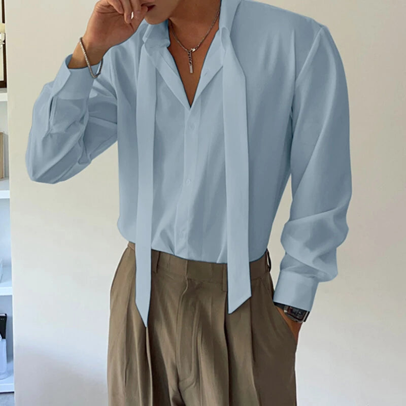 INCERUN Mens Deconstructed Tie-Detail Long Sleeve Shirt Fashion Solid Color Button Lapel Top Shirts for Male