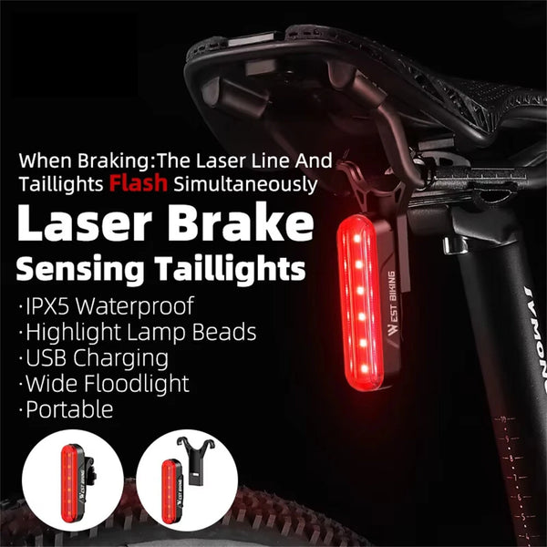 WEST BIKING Bicycle Laser Brake Sensing Taillight IPX5 Waterproof 450mAH USB Charging Bike Rear Light for Night Riding Safety