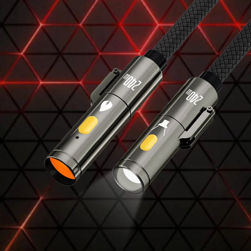 TUTI PD240W USB C to C Fast Charging Cable with Lighting Cigarete Lighter Function 480Mbps Data Transfer Built-in Flashlight Zinc Alloy Nylon Braided Cables