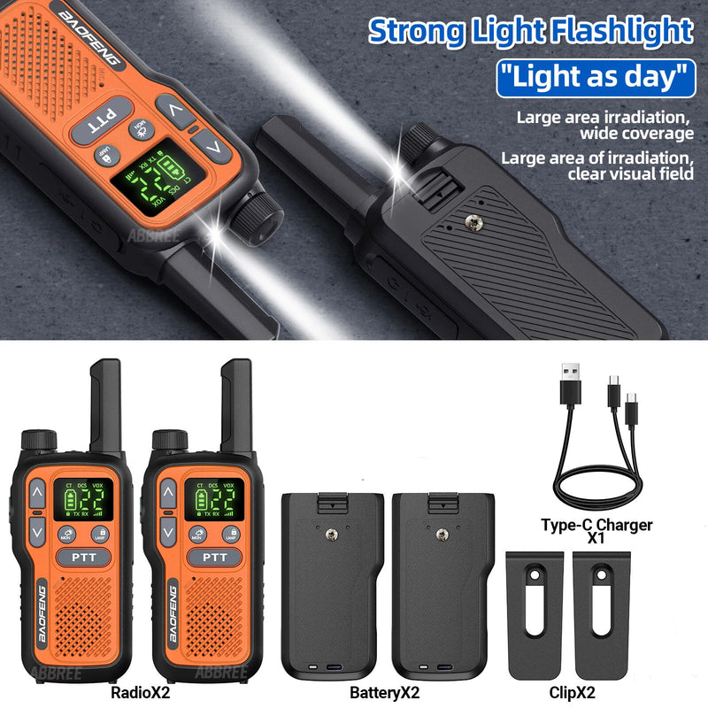 2Pcs Baofeng BF-T18 Mini Walkie Talkie PMR446 License Free 16 Channels 2W Power Long Range Type C Rechargeable NOAA Weather Alerts Hands Free Two Way Radio
