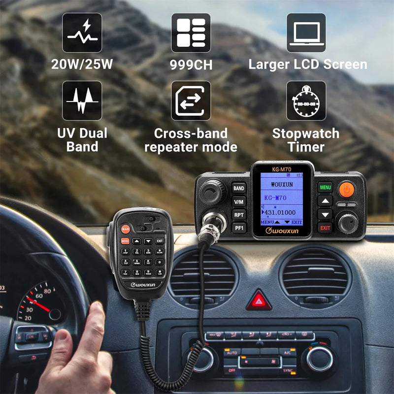 WOUXUN KG-M70 25W Mobile Walkie Talkie VUF UHF Cross-Band Repeater Dual Band Long Range 999CH High Power Car Radio Station with Microphone