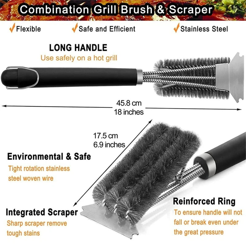 Long Handle BBQ Grill Cleaning Brush with Stainless Steel Scraper Bristles Cleaner Heavy Duty BBQ Tool Easy Stain Removal Grill Wire Brush Barbecue Accessories