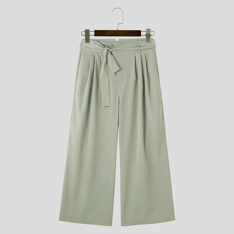 INCERUN Men Side Lace Up Solid Color Pants Button Zipper Wide Legged Trousers Loose Fit Casual Daily Men Pants Plus Size S-5XL