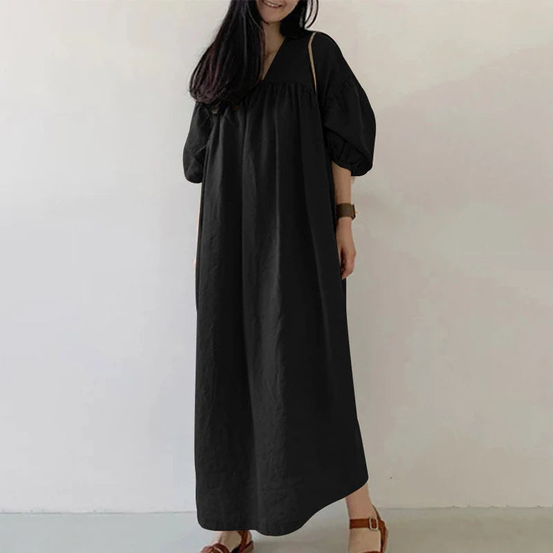 ZANZEA Women Maxi Dresses Solid Color Seven-quarter Length Lantern Sleeves Long Dresses Plus Size Women Dresses