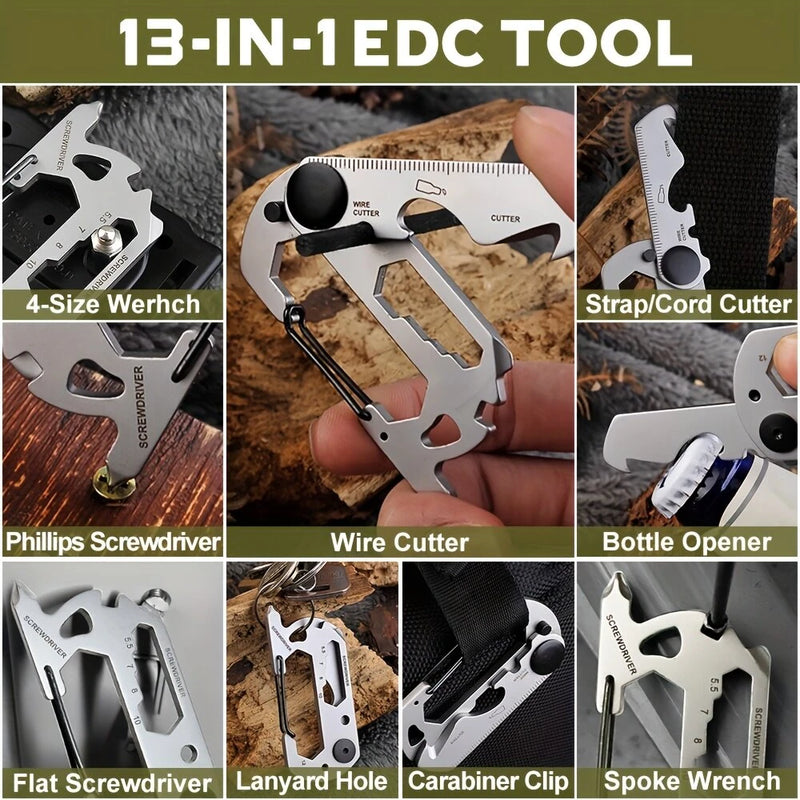IPRee 9in1 13in1 Mini Multifunction Wrench & Bottle Opener Compact Card Tool Stainless Steel Climbing Carabiner EDC Keychain Gear Rope Cutter Camping Hiking Outdoor Tools