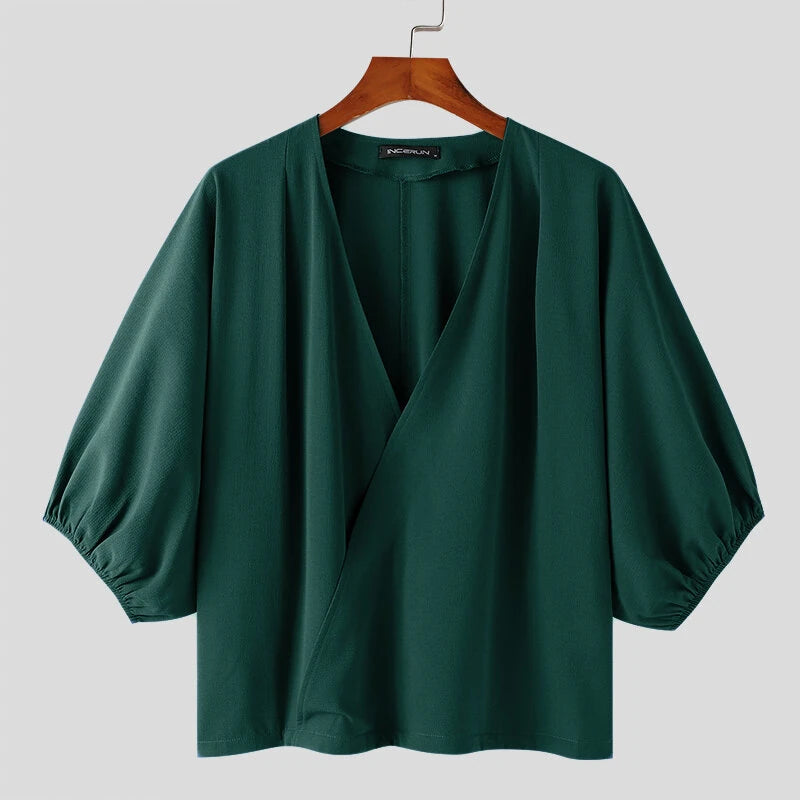 INCERUN Mens Shirts Fashion Big V-neck Bubble Short Sleeve Top Shirts Summer Fashion Party Top Shirts Male Clothing