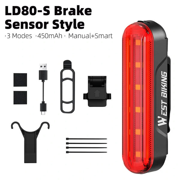 WEST BIKING Smart Brake Sensor Bike Taillight 450mAh Battery 3 Light Modes Type-C Rechargeable Waterproof Wear-resistant Bicycle Rear Light for Night Cycling