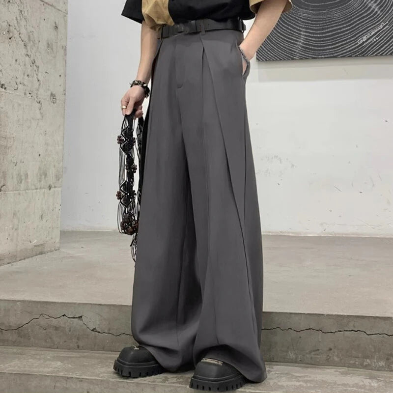 INCERUN Men Wide-leg Solid Color Casual Pants with Pockets Cropped Design Zipper Botton Trousers Plus Size