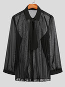 INCERUN Mens Shirt Fashion Black See Through Shirts Long Sleeve Lace Up Bow Knot Black Tops Summer Men Clothing