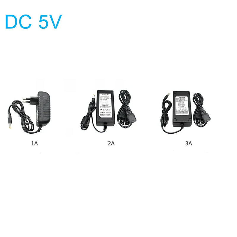 1PCS AC 100-240V Power Supply DC 5V Adapter with 1A/2A/3A Output Voltage DC 5.5*2.5mm Universal Charger for LED Strips EVD Devices Portable Compact Design