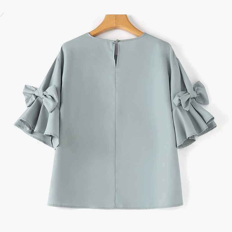 ZANZEA Elegant Style Womens Shirts Blouses Ladylike Crew Neck Ruffled Sleeves Tops Side Bowknot Solid Blouses