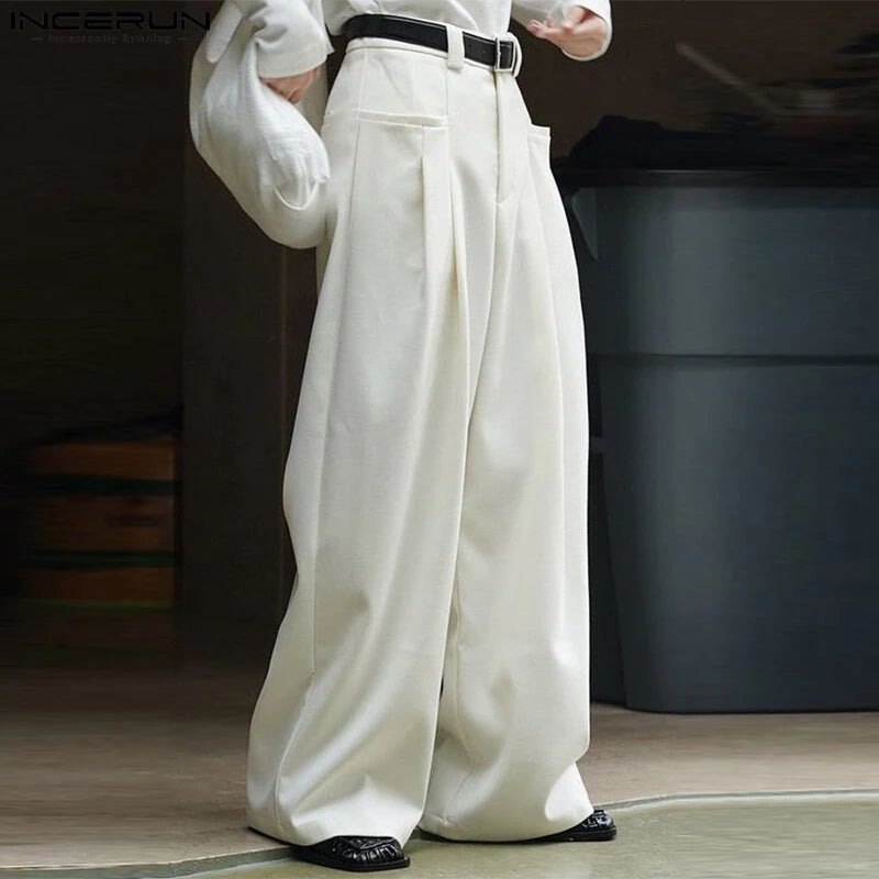INCERUN Mens Solid Pleated Design Casual Straight Pants Casual Comfortable Wide Legged Long Pant with Pockets
